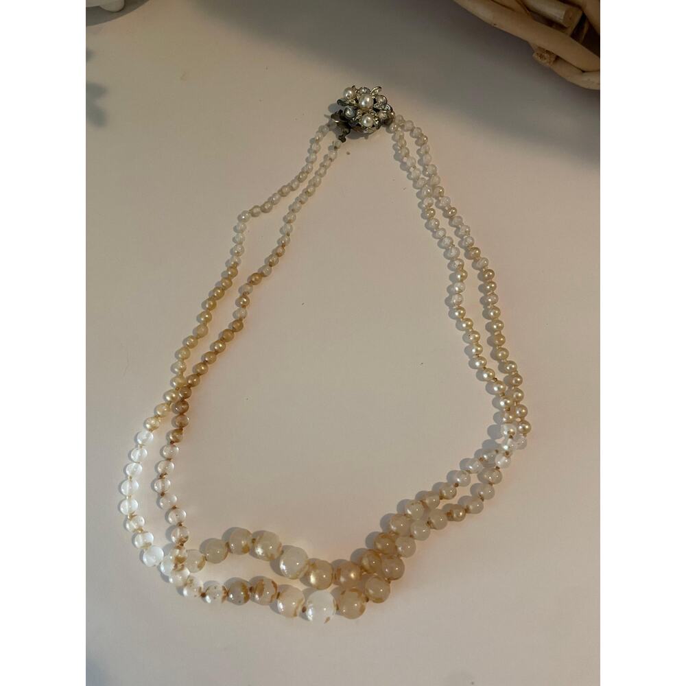 Vintage Double Strand Pearl & Art Glass Necklace | Ornate Floral Clasp - Picture 4 of 6